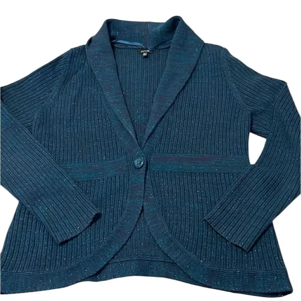 Apt9 szXL bluish/turquoise shawl collar 1 button ribbed knit cardigan EUC